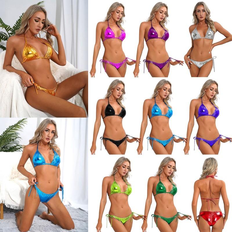 Sexy Women Shiny Metallic Bikini Sets Lace Up Side Triangle 2 Pieces Swimsuit