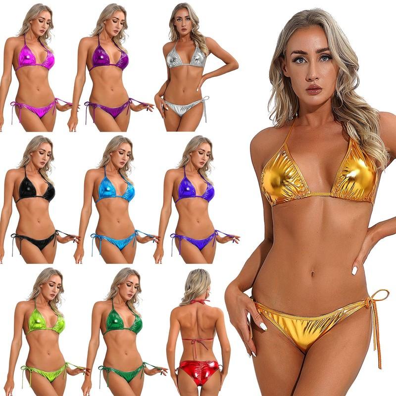 Sexy Women Shiny Metallic Bikini Sets Lace Up Side Triangle 2 Pieces Swimsuit