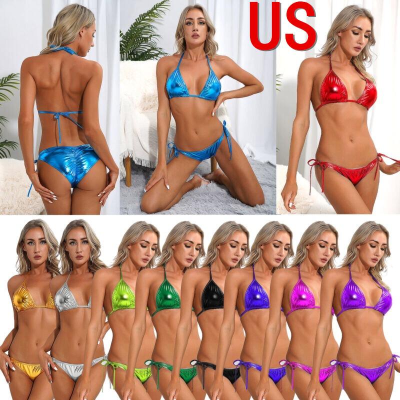 Sexy Women Shiny Metallic Bikini Sets Lace Up Side Triangle 2 Pieces Swimsuit
