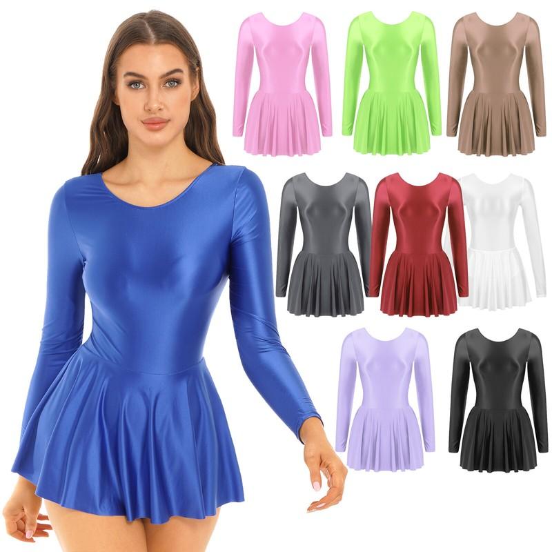 Sexy Womens Glossy One Piece Tight Sports Yoga Ballet Leotard Dress Short Skirt