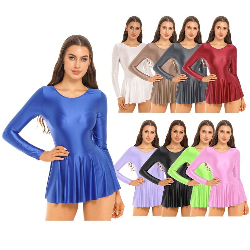 Sexy Womens Glossy One Piece Tight Sports Yoga Ballet Leotard Dress Short Skirt