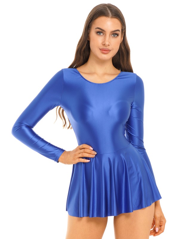 Sexy Womens Glossy One Piece Tight Sports Yoga Ballet Leotard Dress Short Skirt