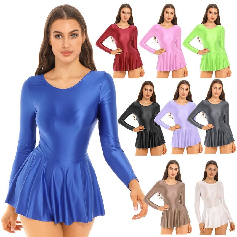 Sexy Womens Glossy One Piece Tight Sports Yoga Ballet Leotard Dress Short Skirt