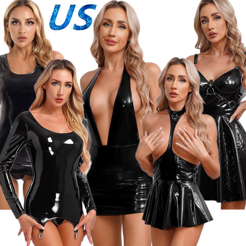 Sexy Womens Patent Leather Mini Bodycon Dresses Sexy Backless Party Clubwear