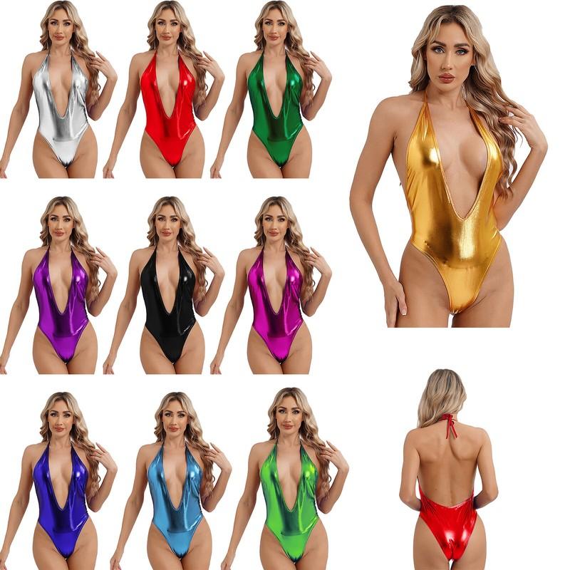 Sexy Womens Shiny Metallic One Piece Monokini Backless Bathing Suits Swimsuits