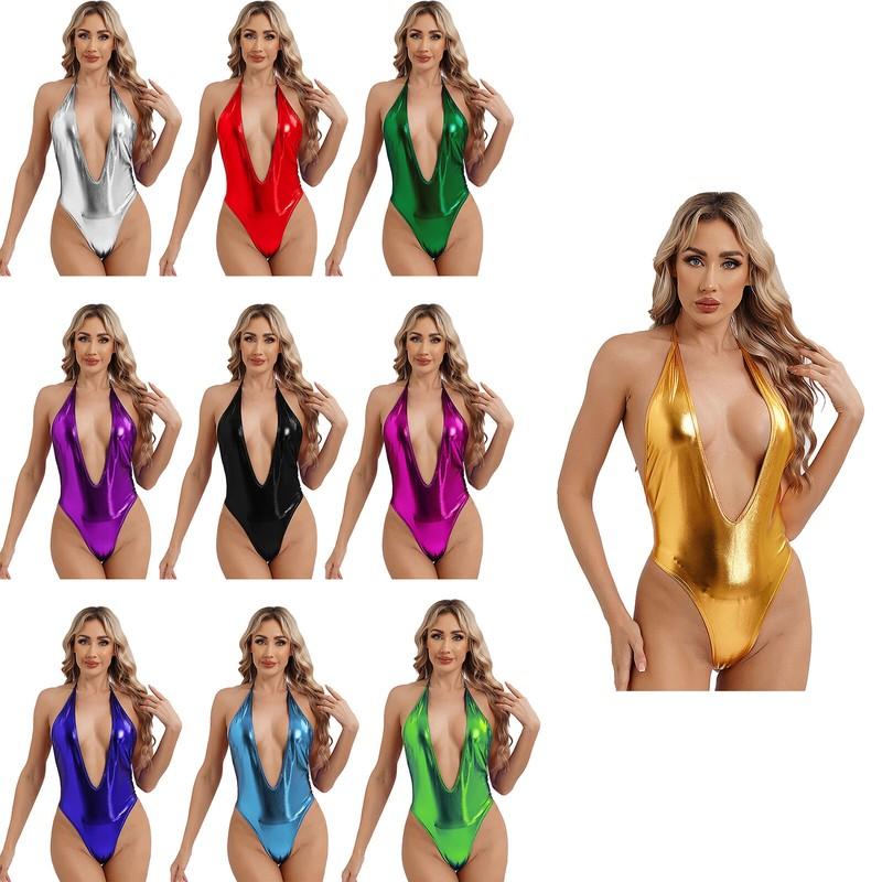 Sexy Womens Shiny Metallic One Piece Monokini Backless Bathing Suits Swimsuits
