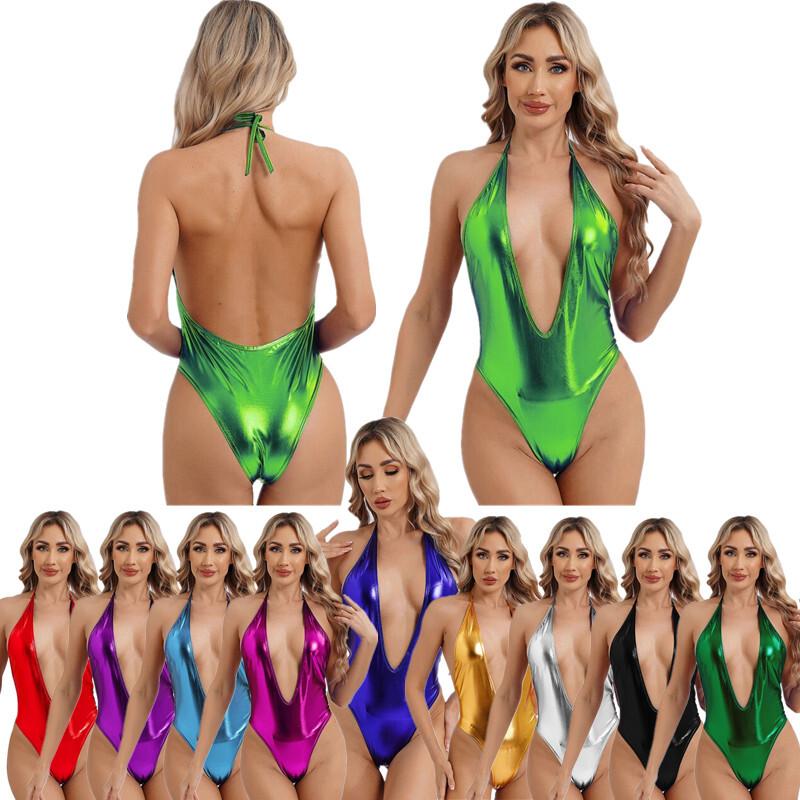 Sexy Womens Shiny Metallic One Piece Monokini Backless Bathing Suits Swimsuits