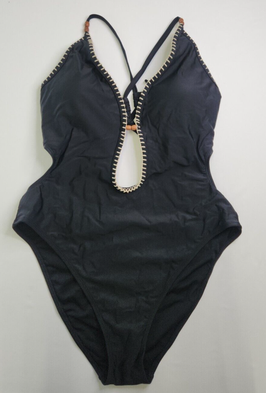 Shade&Shore Black Plunge V-Neck Beaded Extra Hi Leg 1 Pc Swimsuit Size XL 16