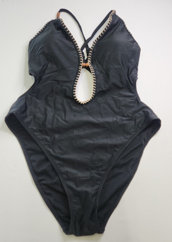 Shade&Shore Black Plunge V-Neck Beaded Extra Hi Leg 1 Pc Swimsuit Size XL 16