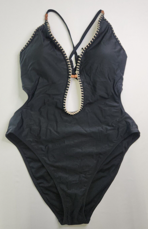 Shade&Shore Black Plunge V-Neck Beaded Extra Hi Leg 1 Pc Swimsuit Size XL 16
