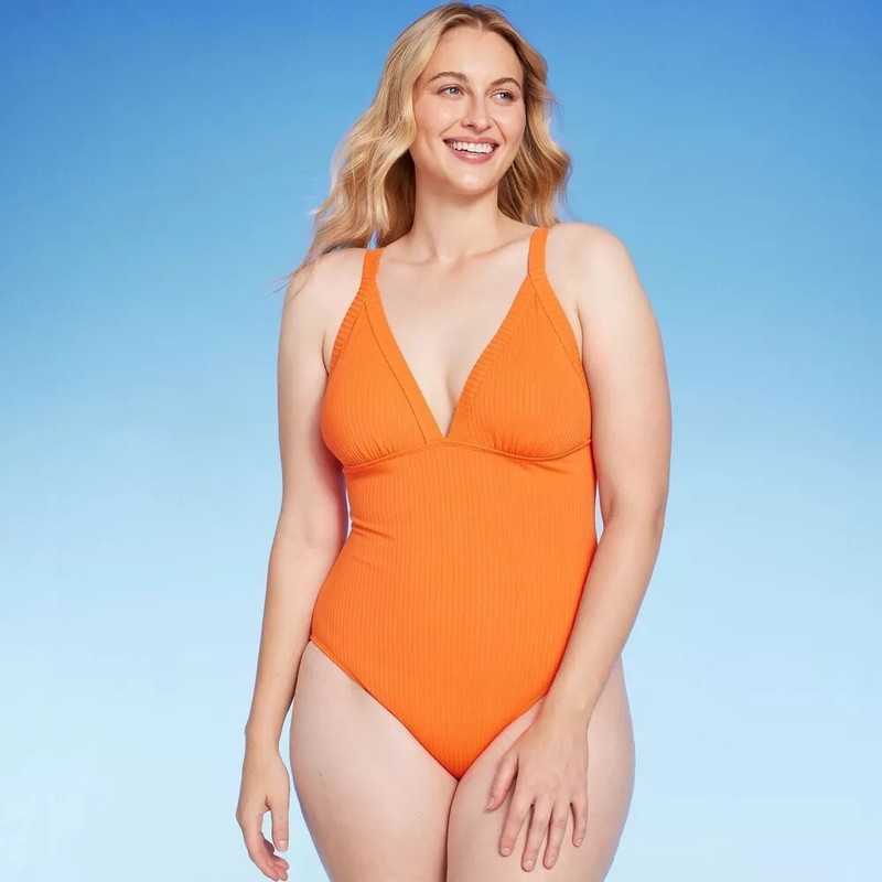 Shade & Shore Ribbed Triangle One Piece Swimsuit Womens Large Orange