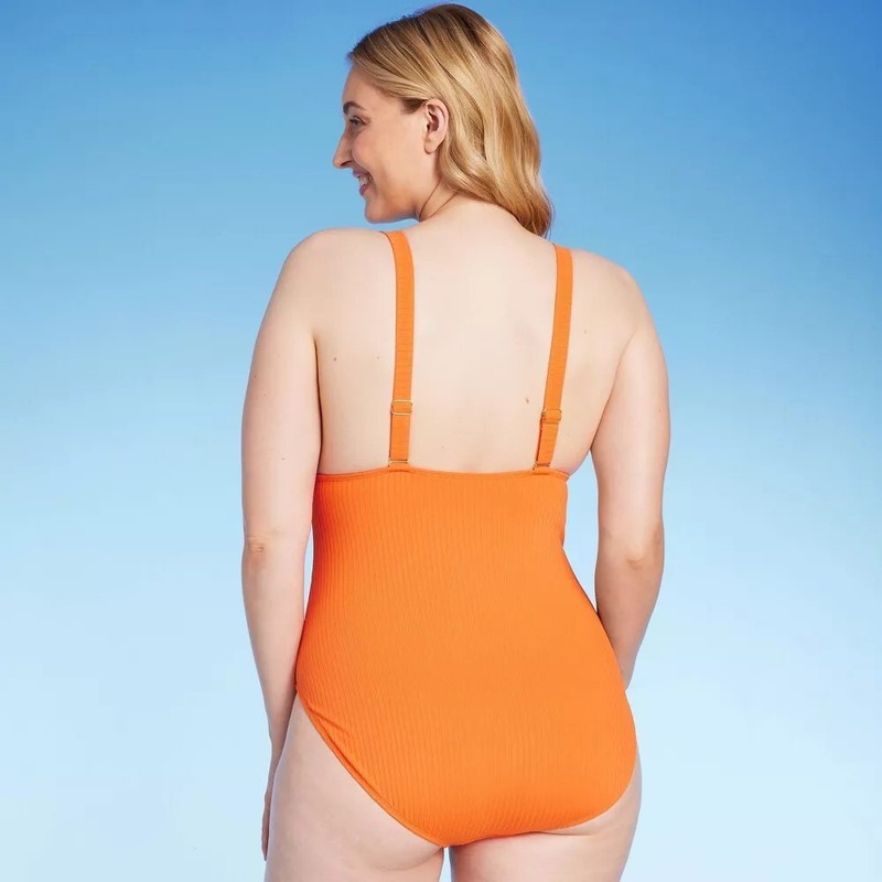 Shade & Shore Ribbed Triangle One Piece Swimsuit Womens Large Orange