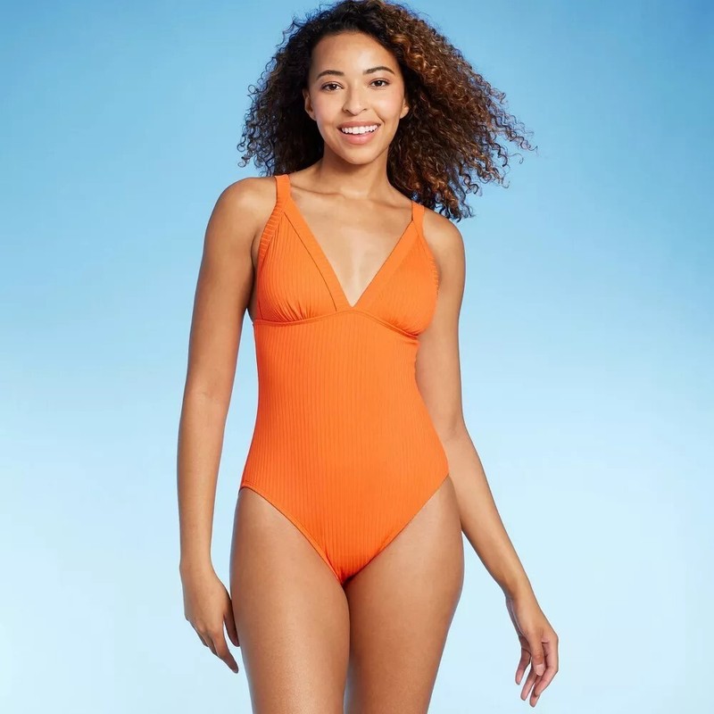 Shade & Shore Ribbed Triangle One Piece Swimsuit Womens Large Orange