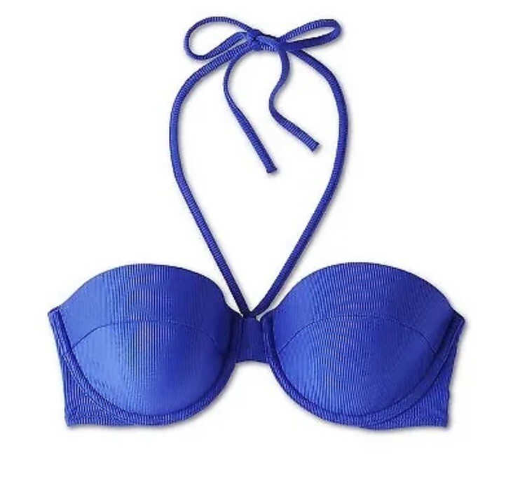 Shade & Shore Women's 34C Bikini Top Blue Lightly Lined Ribbed Halter New