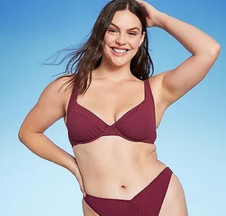 Shade & Shore Women's 36C Bikini Top Dark Red Burgundy Ribbed New