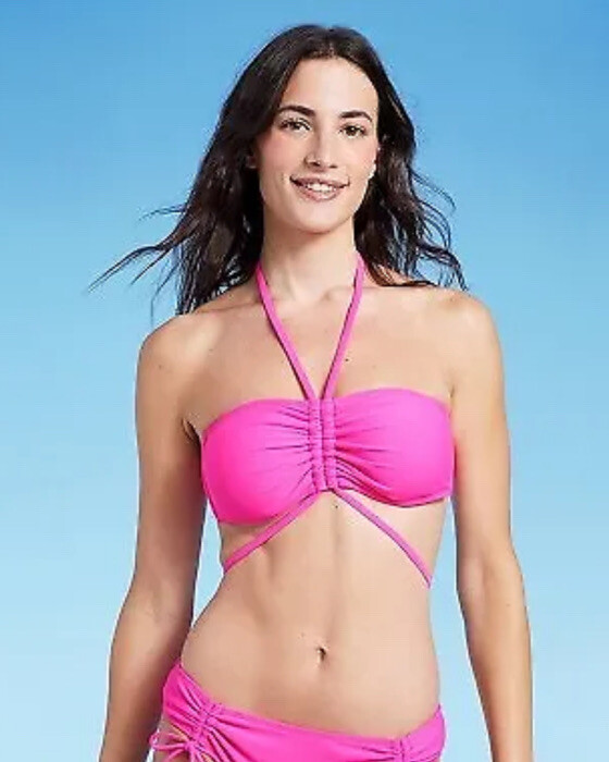 Shade & Shore Women's 8-10 D/DD Bikini Top Pink Strappy Halter Bandeau New
