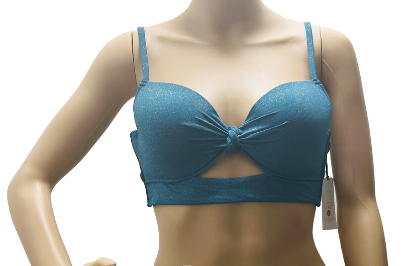 Shade & Shore Women's Lightly Lined Knot-Front Cut Out Bikini Top Size 36B Blue