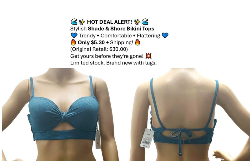 Shade & Shore Women's Lightly Lined Knot-Front Cut Out Bikini Top Size 36B Blue