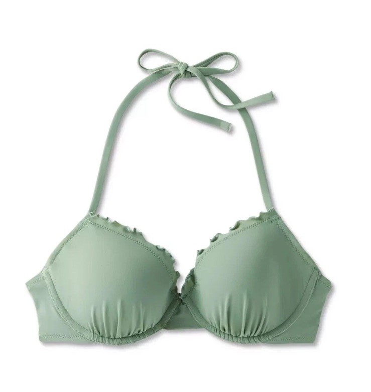 Shade & Shore Women's Lightly Lined Ruffle Bikini Top Green Size 36D