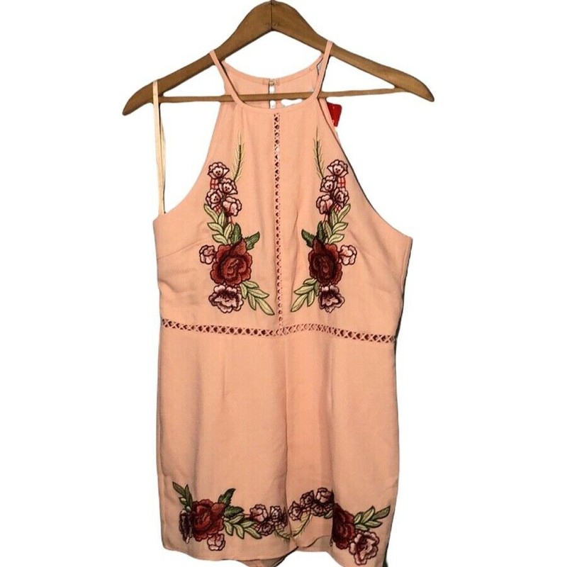 SHE + SKY Peach Embroidered Halter Style Romper size Large