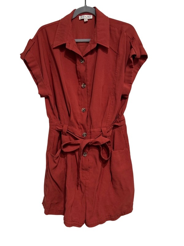 She + Sky Women's L Romper Rust Button-Front Belted Preppy Boho Casual