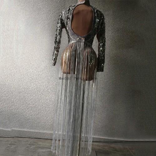 Shining Silver Sequins Fringes Rhinestones Jacket Tops Dancer Nightclub Dance