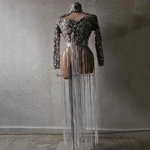 Shining Silver Sequins Fringes Rhinestones Jacket Tops Dancer Nightclub Dance