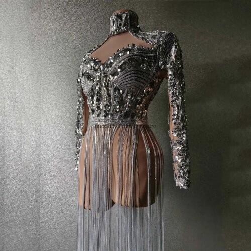 Shining Silver Sequins Fringes Rhinestones Jacket Tops Dancer Nightclub Dance