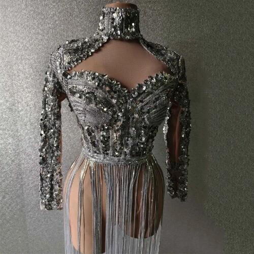 Shining Silver Sequins Fringes Rhinestones Jacket Tops Dancer Nightclub Dance