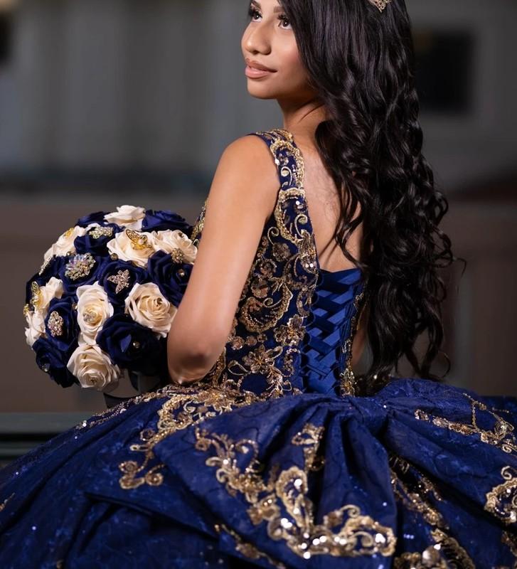 Shiny Navy Blue Ball Gown Quinceanera Dress Gold Applique Beading Corset Sweet16