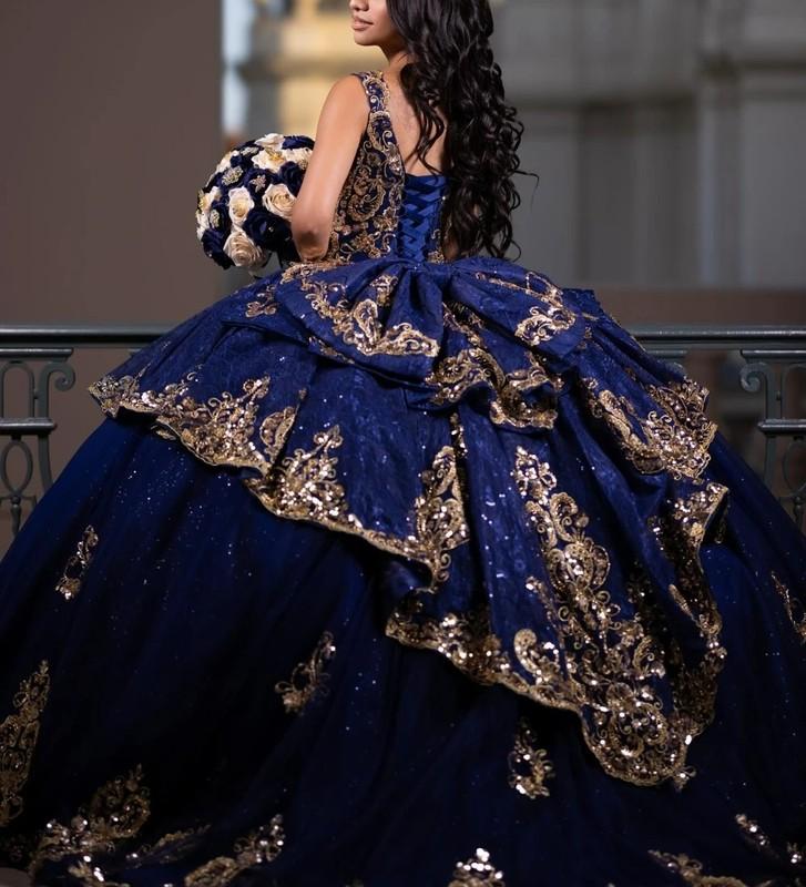 Shiny Navy Blue Ball Gown Quinceanera Dress Gold Applique Beading Corset Sweet16