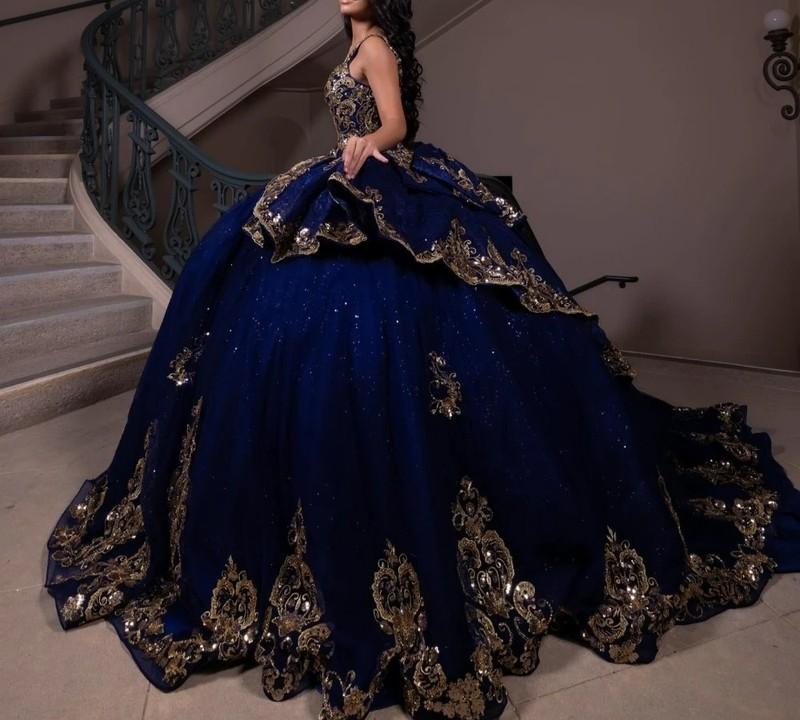 Shiny Navy Blue Ball Gown Quinceanera Dress Gold Applique Beading Corset Sweet16