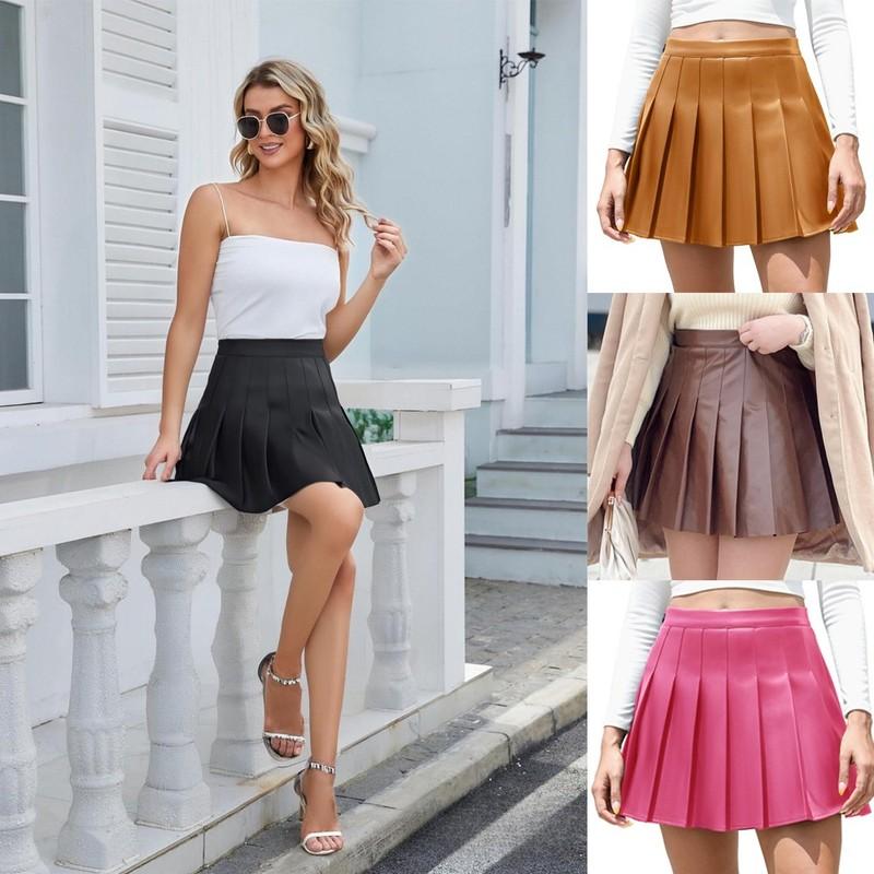 Short Mini Skirt for Women Trendy High Waisted Faux Leather Pleated Ruffle Skirt