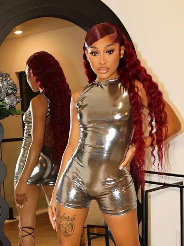 Silky Women Backless Coquette Sleeveles Summer Hipster Shiny Skinny Romper Dress