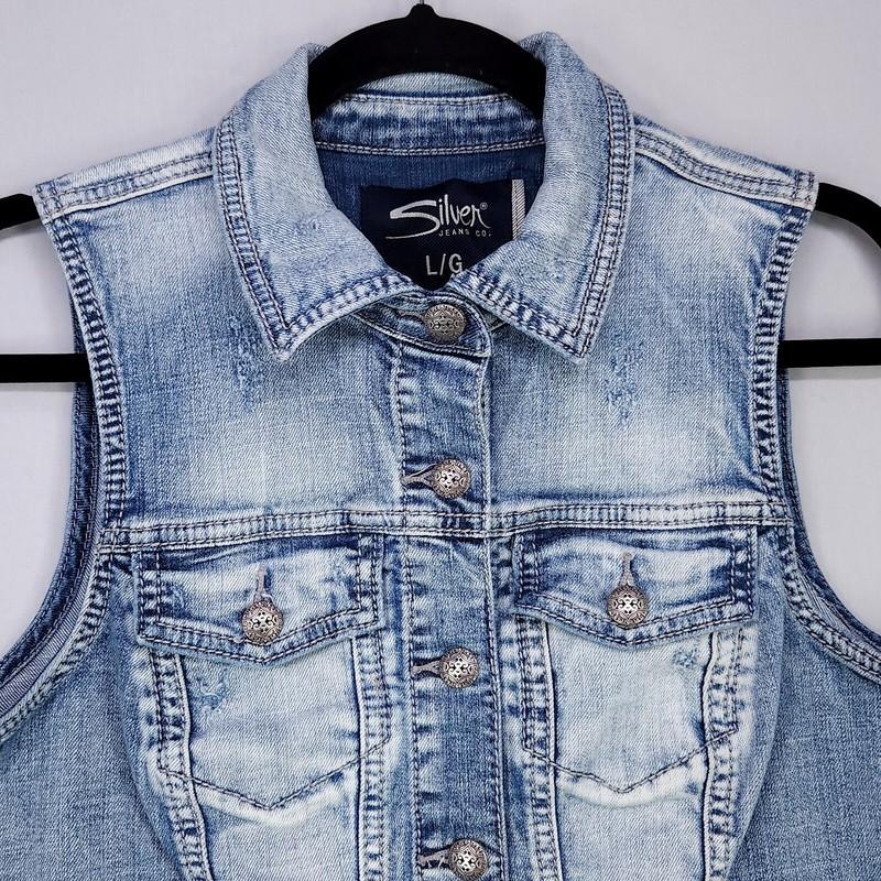 Silver Jeans Women's Denim Vest Size Large Distressed Raw Hem Grunge Y2K