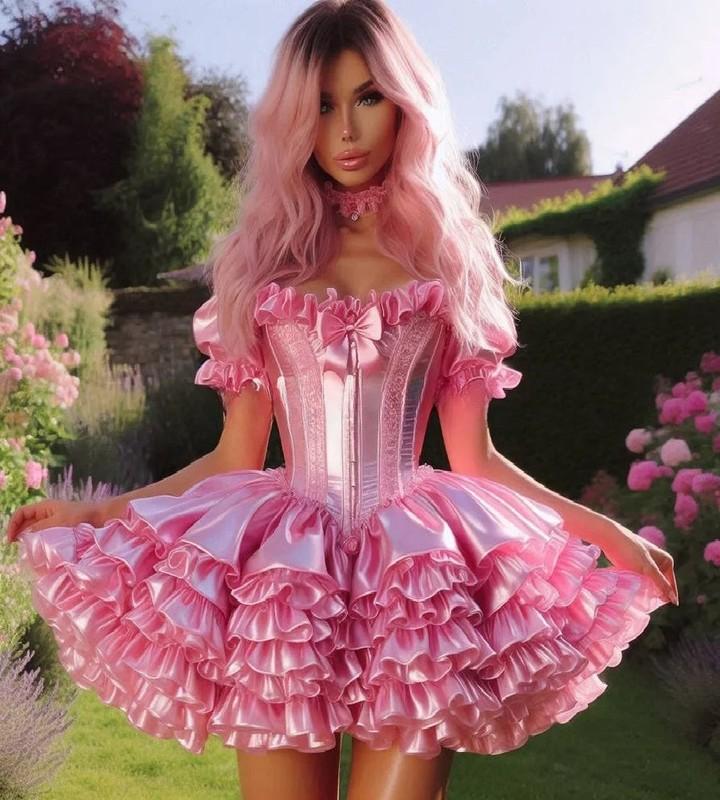 Sissy Pink Lolita Prom Dress Costume Silk Satin Ruffles Maid ShortSleeve Cosplay