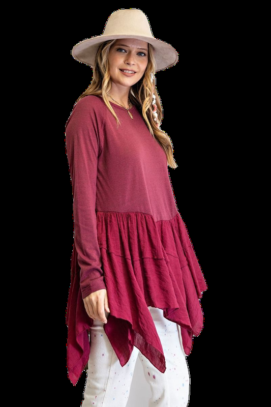 SIZE S-L EASEL DEEP PLUM BEGIN AGAIN RUFFLED BOTTOM TUNIC TOP/BLOUSE BHCS