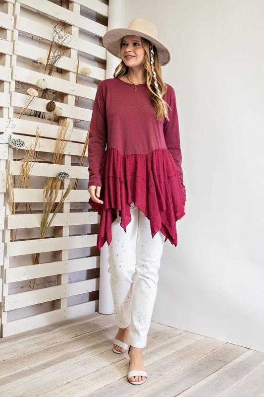 SIZE S-L EASEL DEEP PLUM BEGIN AGAIN RUFFLED BOTTOM TUNIC TOP/BLOUSE BHCS