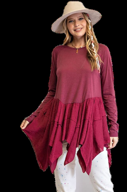 SIZE S-L EASEL DEEP PLUM BEGIN AGAIN RUFFLED BOTTOM TUNIC TOP/BLOUSE BHCS