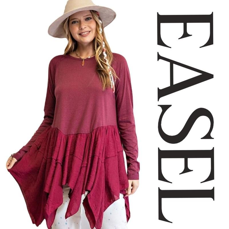 SIZE S-L EASEL DEEP PLUM BEGIN AGAIN RUFFLED BOTTOM TUNIC TOP/BLOUSE BHCS