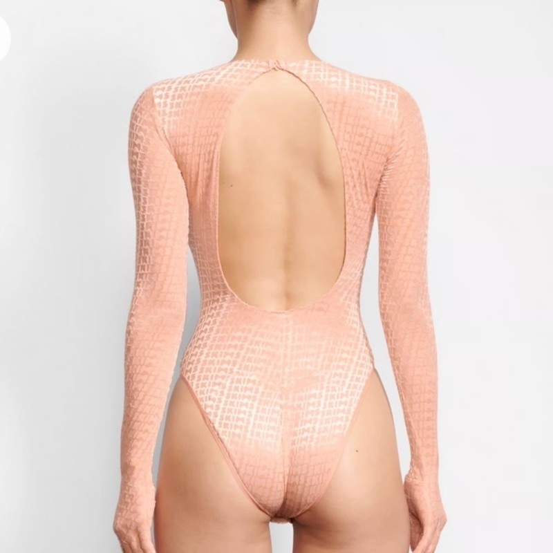 SKIMS Velvet Burnout Logo Bodysuit With Gloves Peach 2X