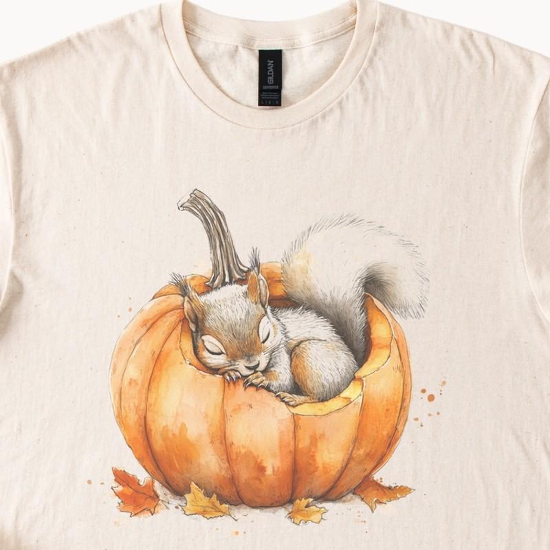 Sleeping Squirrel Pumpkin Shirt Fall Animal Graphic Tee Autumn Leaves Shirt