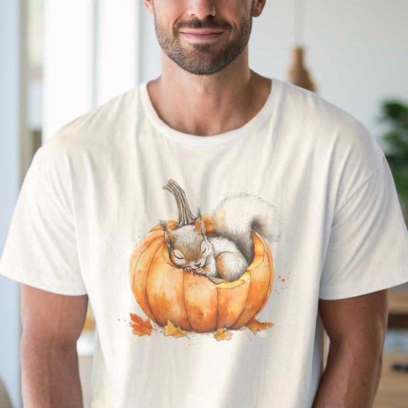Sleeping Squirrel Pumpkin Shirt Fall Animal Graphic Tee Autumn Leaves Shirt