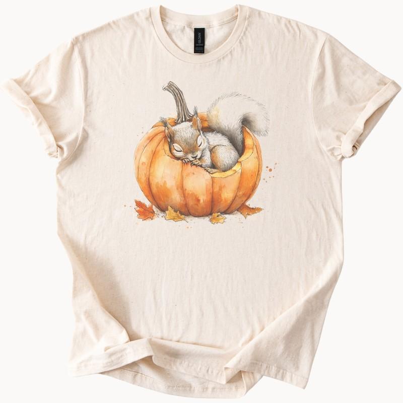 Sleeping Squirrel Pumpkin Shirt Fall Animal Graphic Tee Autumn Leaves Shirt