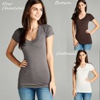 Small / Medium Wide Band V-Neck T-Shirt Basic Short Sleeve Soft Stretch Tee Top