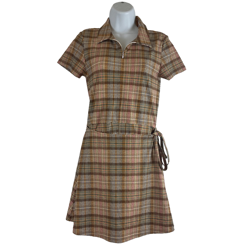 Smith & Quinn Romper Dress S Brown White Pink Blue Plaid Wrap Skirt over Shorts