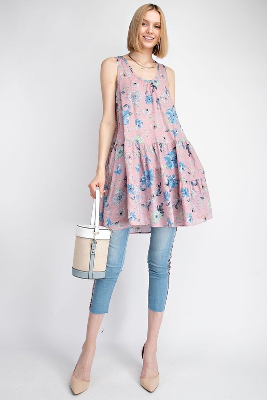 SML EASEL MAUVE PINK FLORAL PRINT SLEEVELESS Ruffle Hem Tunic/Shirt/Dress BHCS