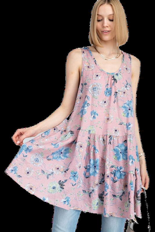 SML EASEL MAUVE PINK FLORAL PRINT SLEEVELESS Ruffle Hem Tunic/Shirt/Dress BHCS