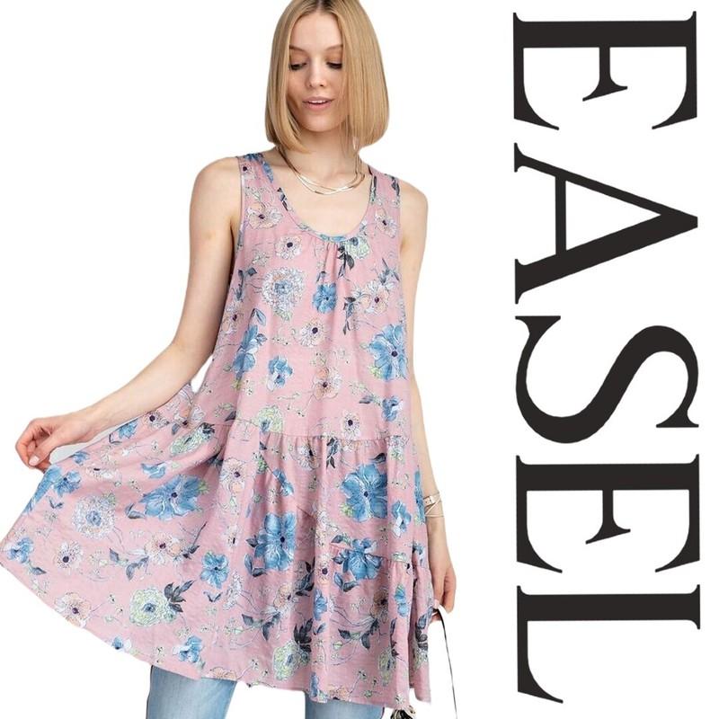 SML EASEL MAUVE PINK FLORAL PRINT SLEEVELESS Ruffle Hem Tunic/Shirt/Dress BHCS