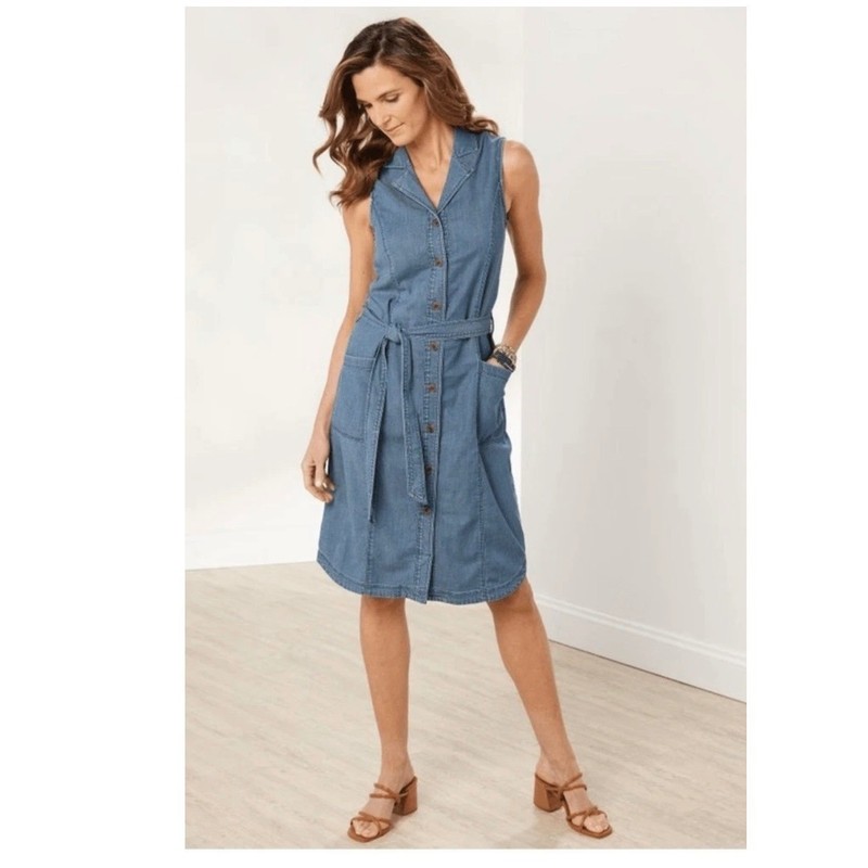 Soft Surroundings Dress Women's L Petite Denim High Point Sleeveless Button Up